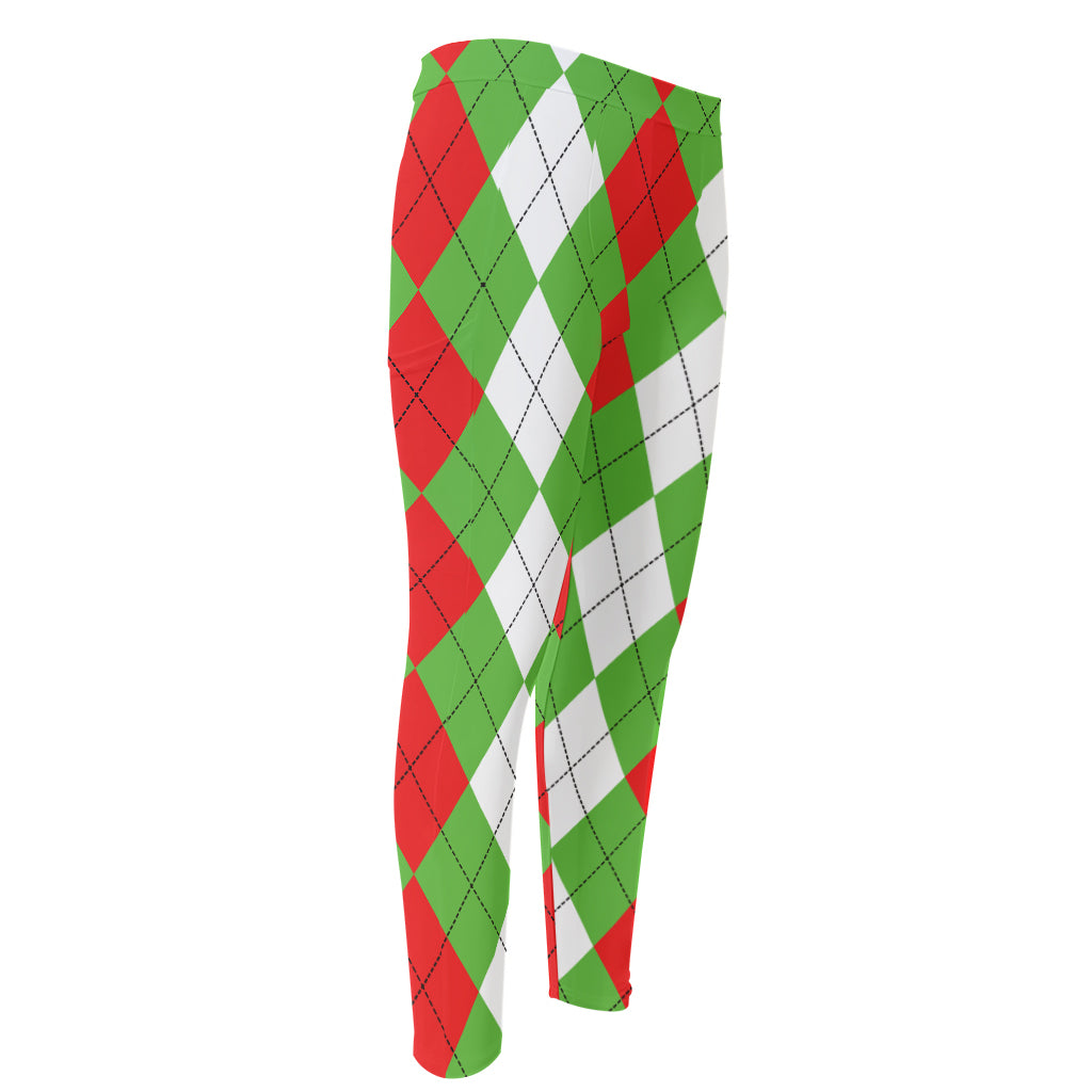 Red Green And White Argyle Pattern Print Men's Compression Pants