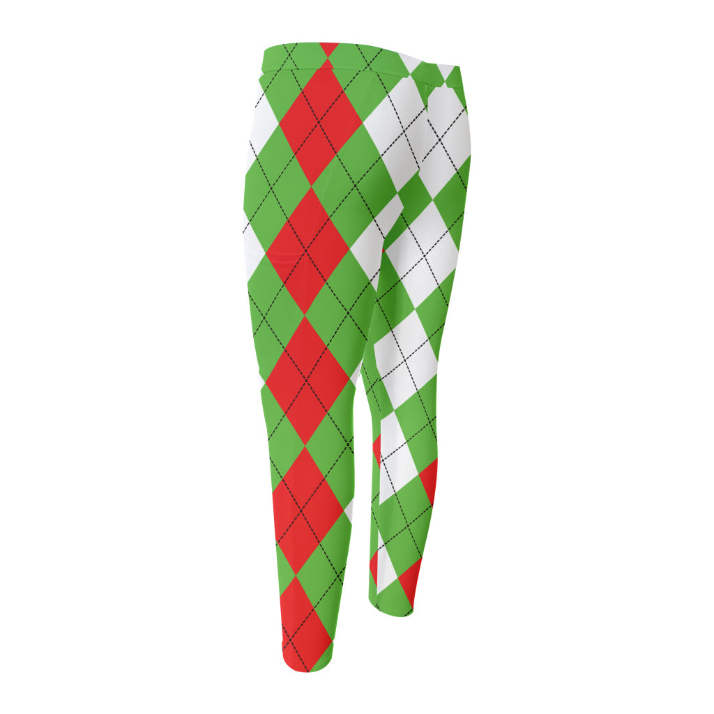 Red Green And White Argyle Pattern Print Men's Compression Pants