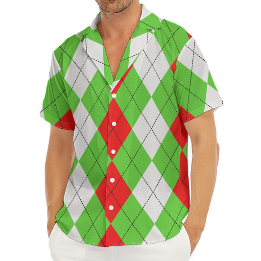 Red Green And White Argyle Pattern Print Men's Deep V-Neck Shirt