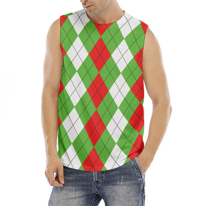 Red Green And White Argyle Pattern Print Men's Fitness Tank Top