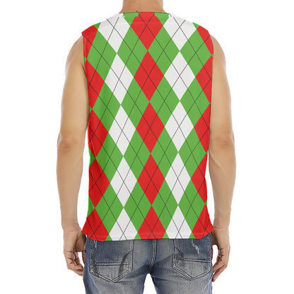 Red Green And White Argyle Pattern Print Men's Fitness Tank Top