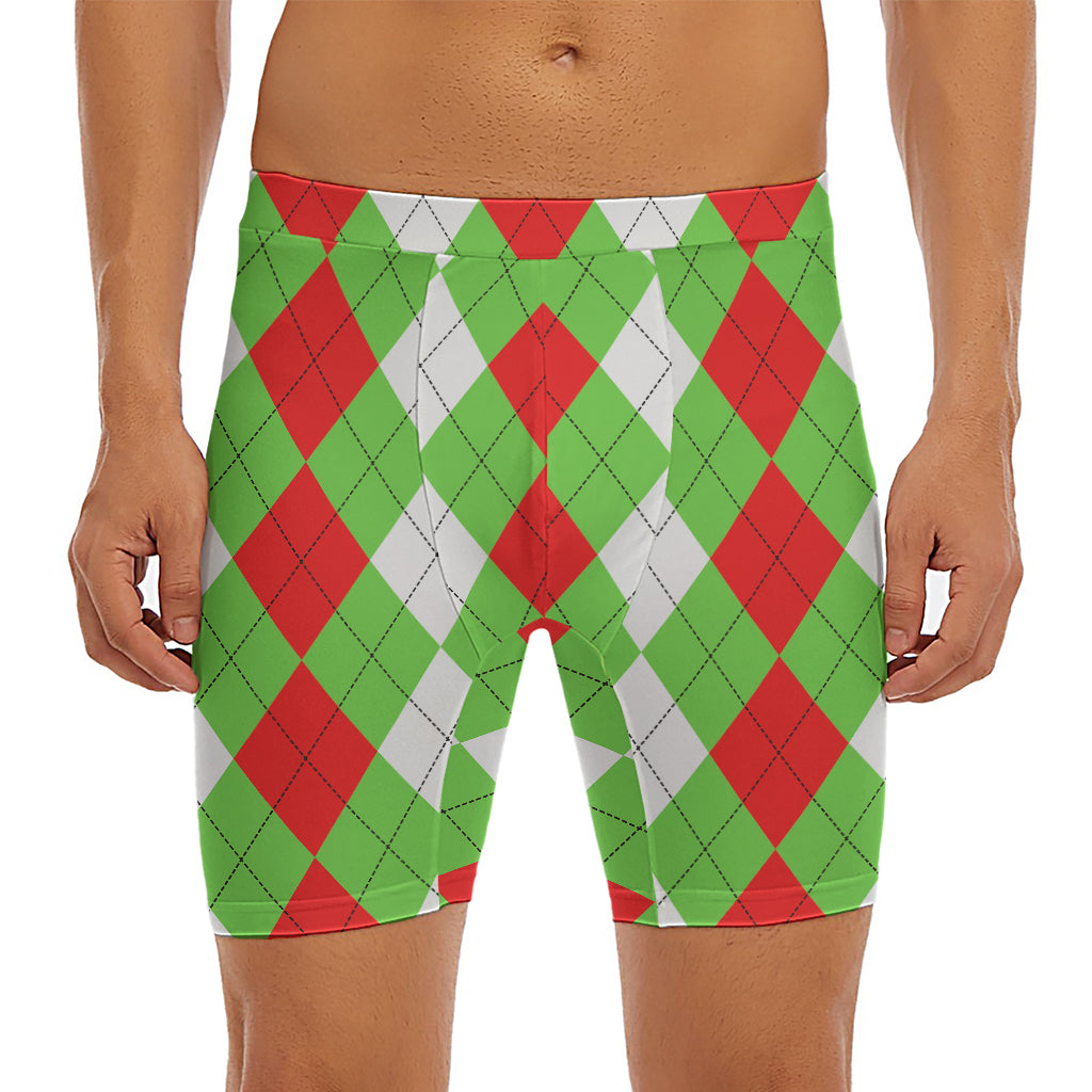 Red Green And White Argyle Pattern Print Men's Long Boxer Briefs