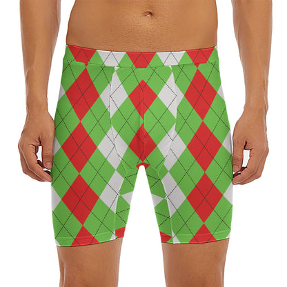 Red Green And White Argyle Pattern Print Men's Long Boxer Briefs