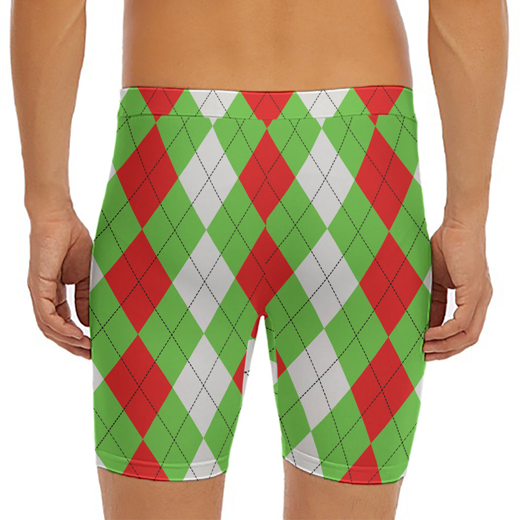 Red Green And White Argyle Pattern Print Men's Long Boxer Briefs