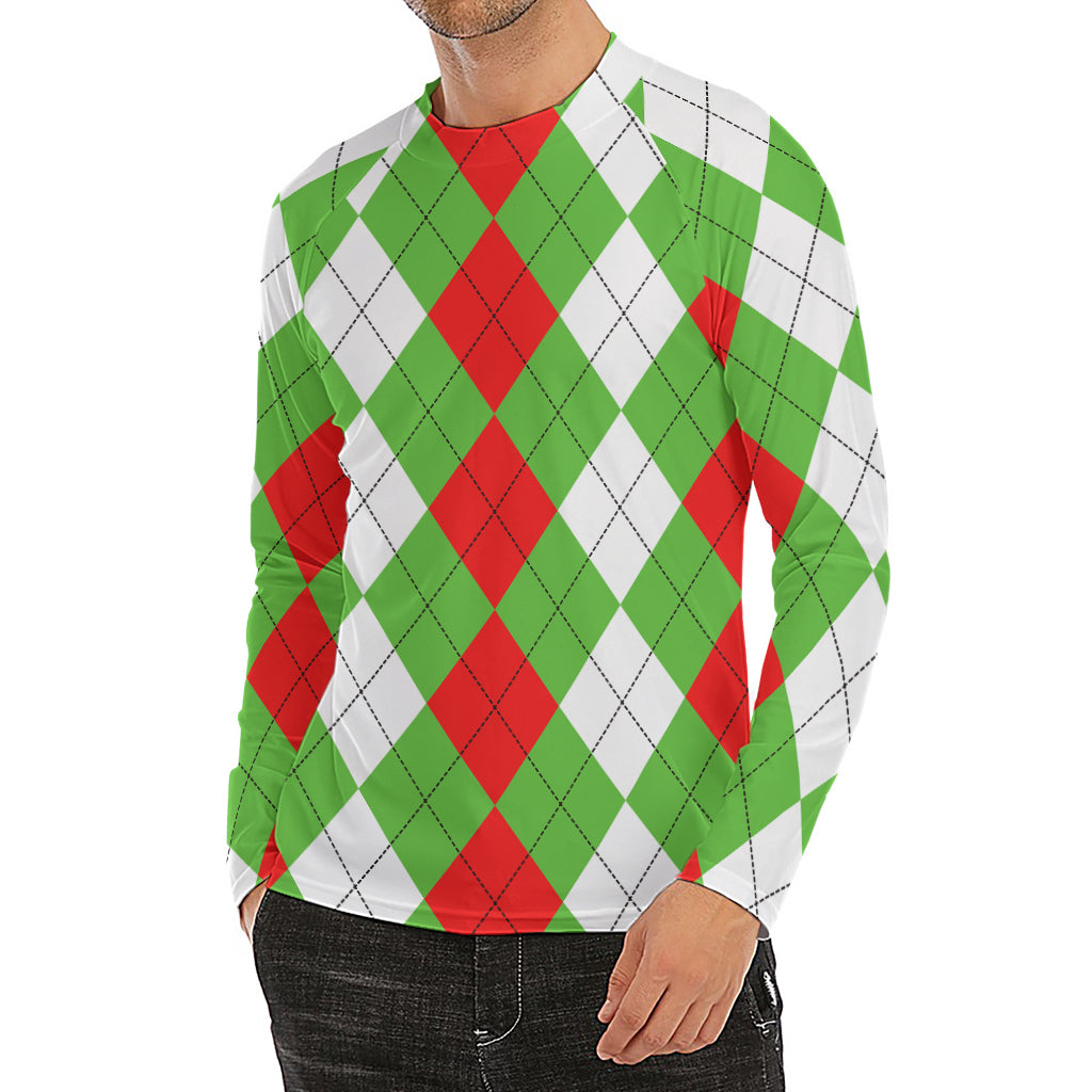 Red Green And White Argyle Pattern Print Men's Long Sleeve Rash Guard
