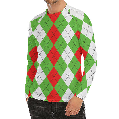 Red Green And White Argyle Pattern Print Men's Long Sleeve Rash Guard