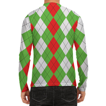 Red Green And White Argyle Pattern Print Men's Long Sleeve Rash Guard