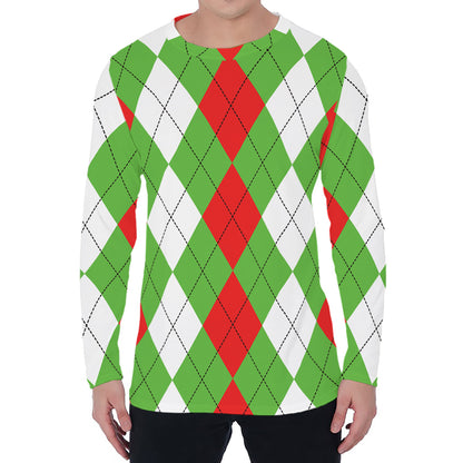 Red Green And White Argyle Pattern Print Men's Long Sleeve T-Shirt