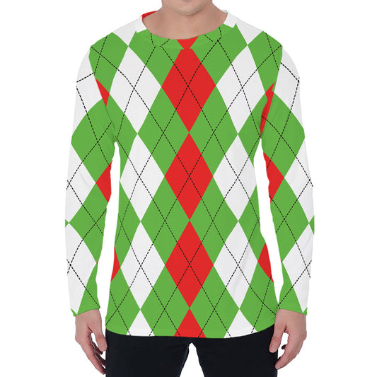 Red Green And White Argyle Pattern Print Men's Long Sleeve T-Shirt