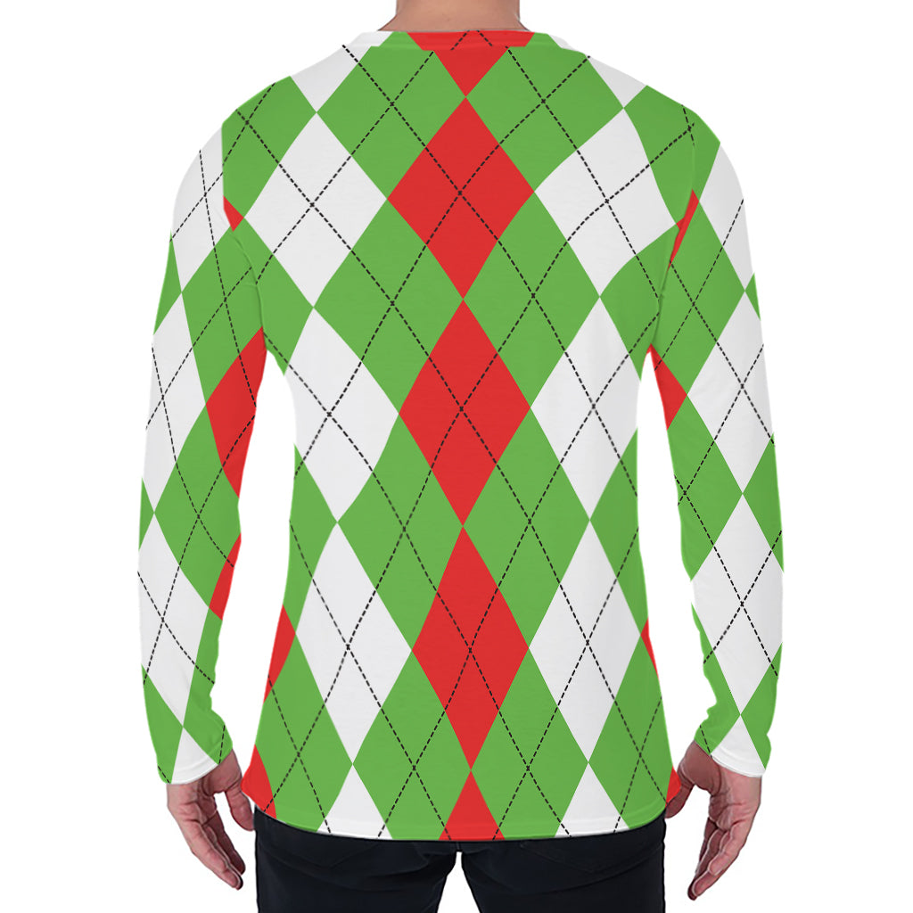 Red Green And White Argyle Pattern Print Men's Long Sleeve T-Shirt