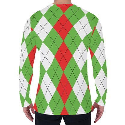Red Green And White Argyle Pattern Print Men's Long Sleeve T-Shirt