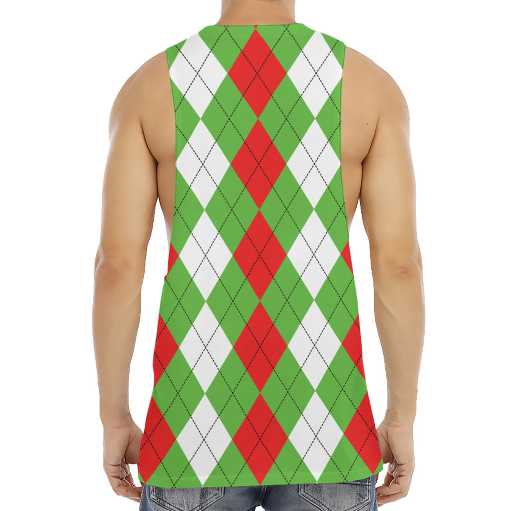 Red Green And White Argyle Pattern Print Men's Muscle Tank Top