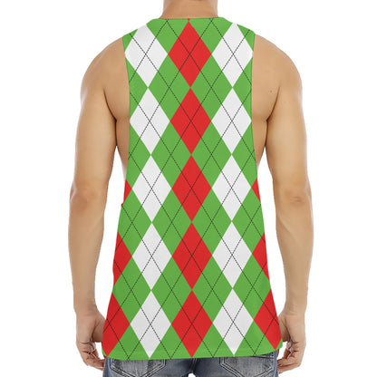Red Green And White Argyle Pattern Print Men's Muscle Tank Top