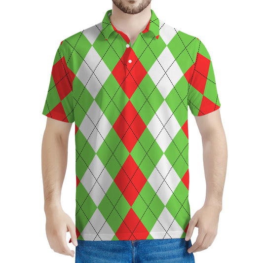 Red Green And White Argyle Pattern Print Men's Polo Shirt