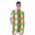 Red Green And White Argyle Pattern Print Men's Romper