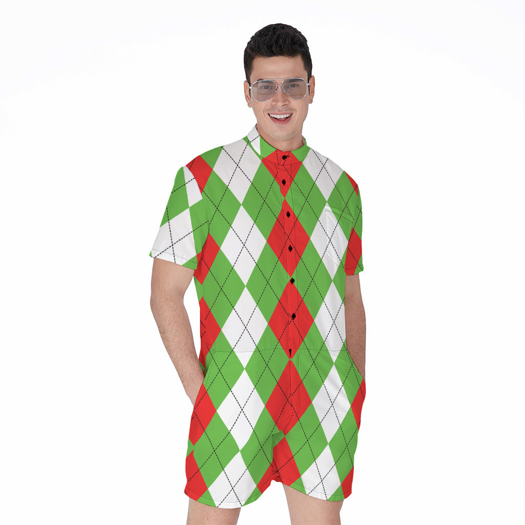 Red Green And White Argyle Pattern Print Men's Rompers