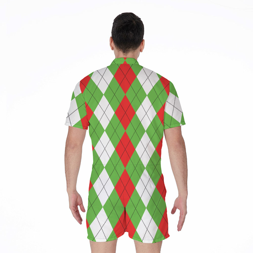 Red Green And White Argyle Pattern Print Men's Rompers