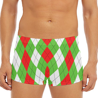 Red Green And White Argyle Pattern Print Men's Short Boxer Briefs