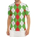 Red Green And White Argyle Pattern Print Men's Short Sleeve Rash Guard