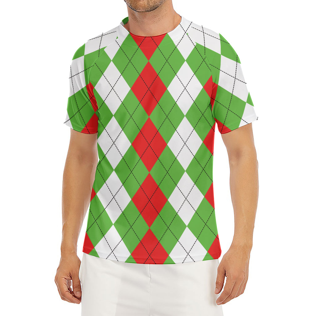 Red Green And White Argyle Pattern Print Men's Short Sleeve Rash Guard