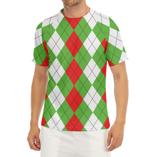 Red Green And White Argyle Pattern Print Men's Short Sleeve Rash Guard