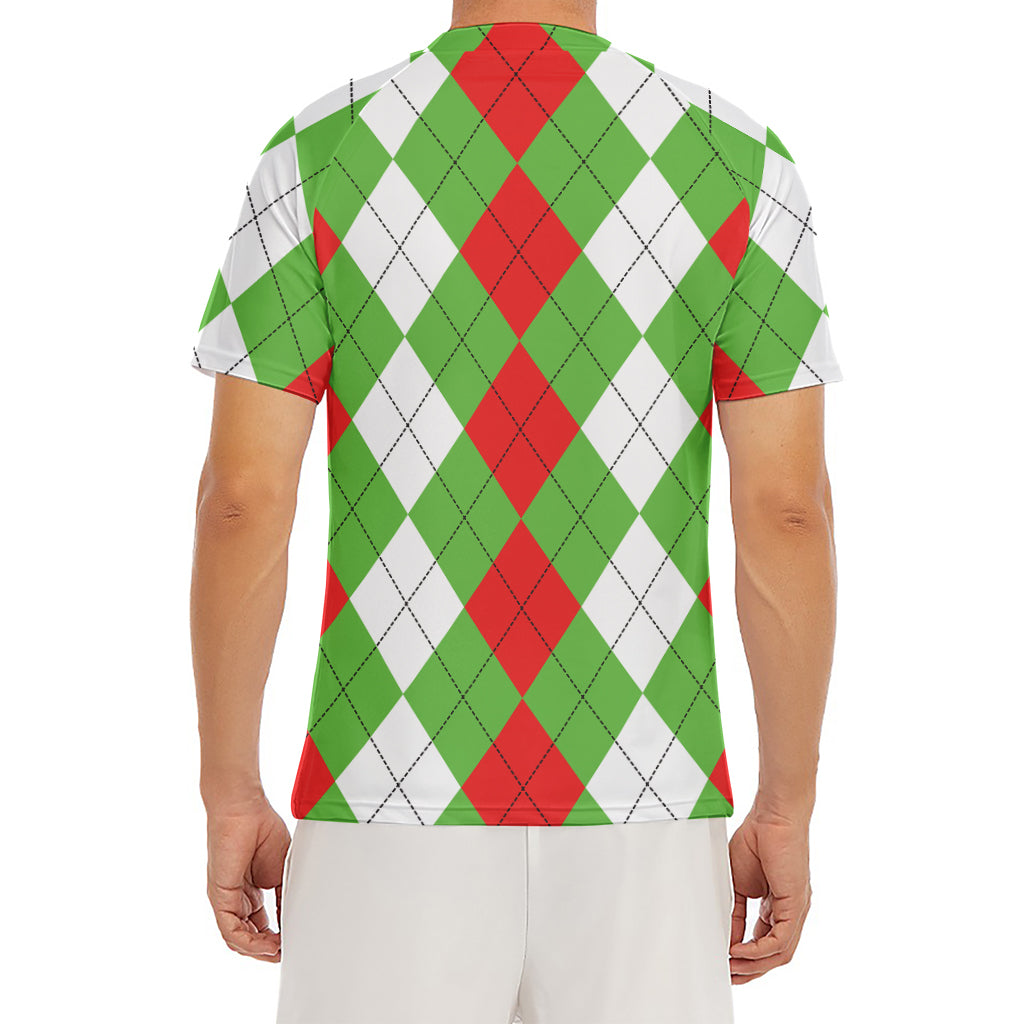 Red Green And White Argyle Pattern Print Men's Short Sleeve Rash Guard
