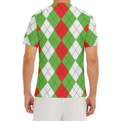 Red Green And White Argyle Pattern Print Men's Short Sleeve Rash Guard