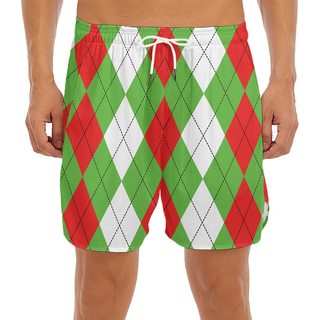 Red Green And White Argyle Pattern Print Men's Split Running Shorts