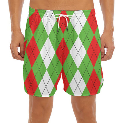 Red Green And White Argyle Pattern Print Men's Split Running Shorts