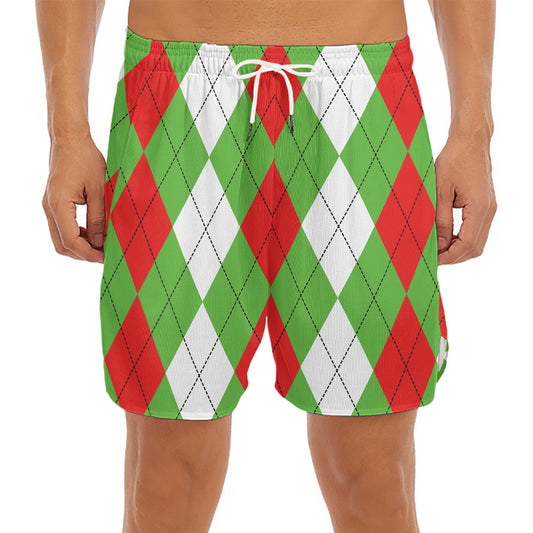 Red Green And White Argyle Pattern Print Men's Split Running Shorts