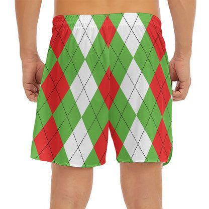 Red Green And White Argyle Pattern Print Men's Split Running Shorts