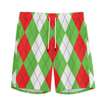Red Green And White Argyle Pattern Print Men's Sports Shorts