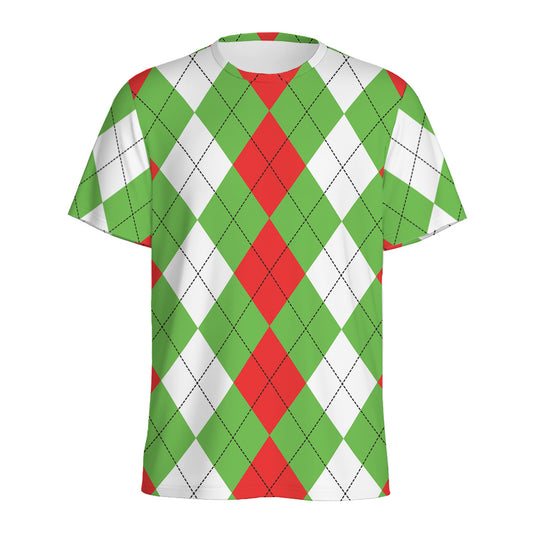 Red Green And White Argyle Pattern Print Men's Sports T-Shirt