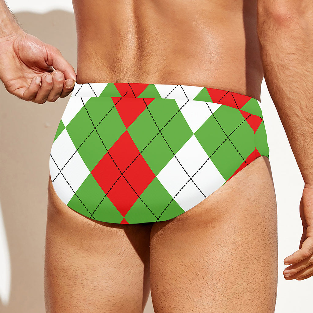 Red Green And White Argyle Pattern Print Men's Swim Briefs