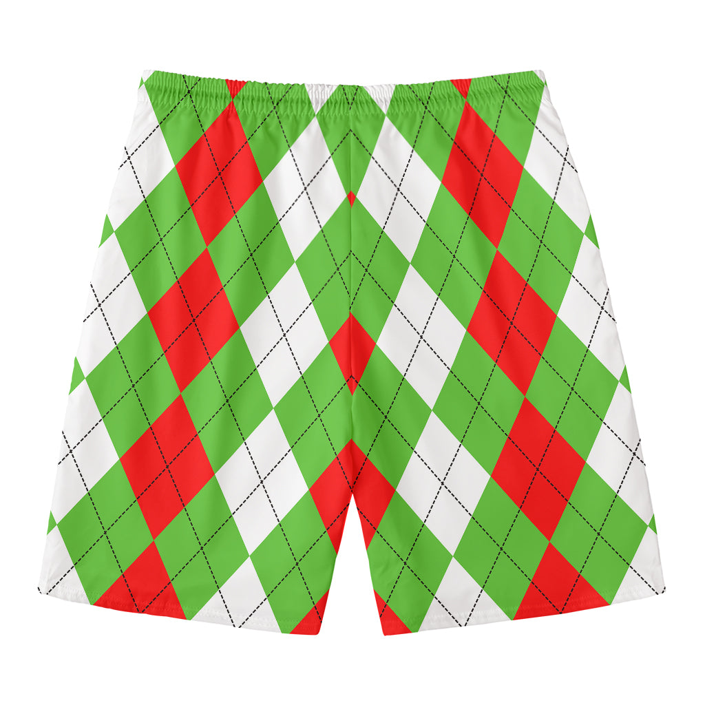 Red Green And White Argyle Pattern Print Men's Swim Trunks