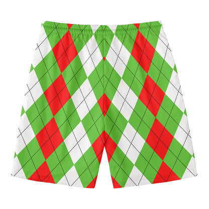 Red Green And White Argyle Pattern Print Men's Swim Trunks