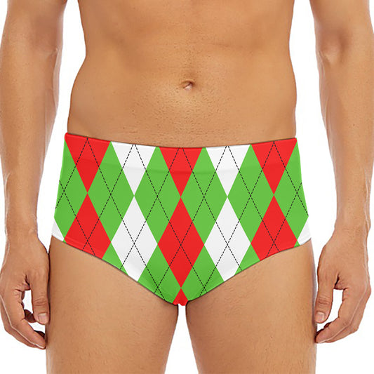 Red Green And White Argyle Pattern Print Men's Triangle Swim Briefs