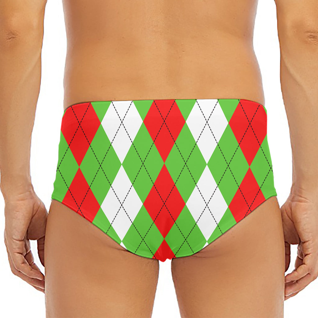 Red Green And White Argyle Pattern Print Men's Triangle Swim Briefs