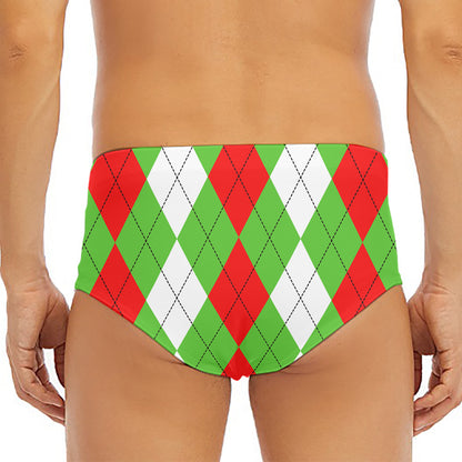Red Green And White Argyle Pattern Print Men's Triangle Swim Briefs