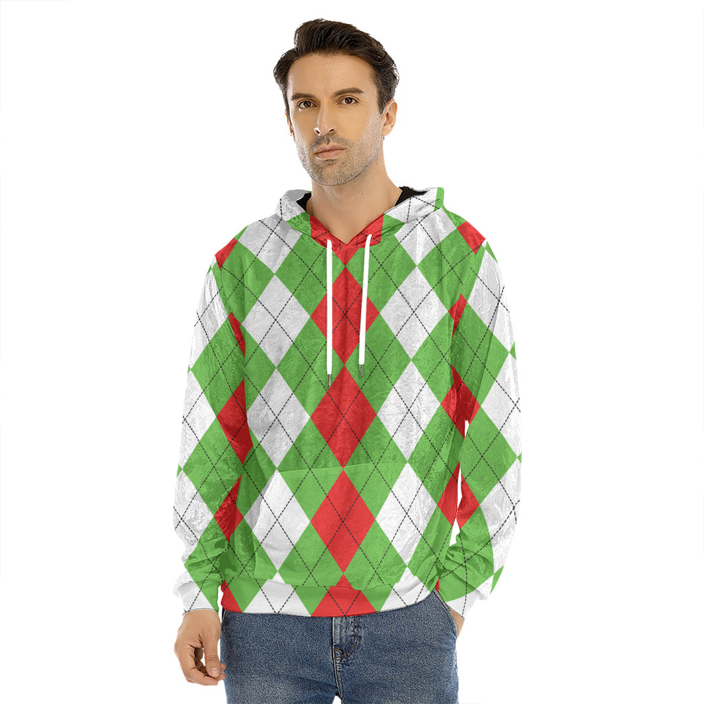 Red Green And White Argyle Pattern Print Men's Velvet Pullover Hoodie