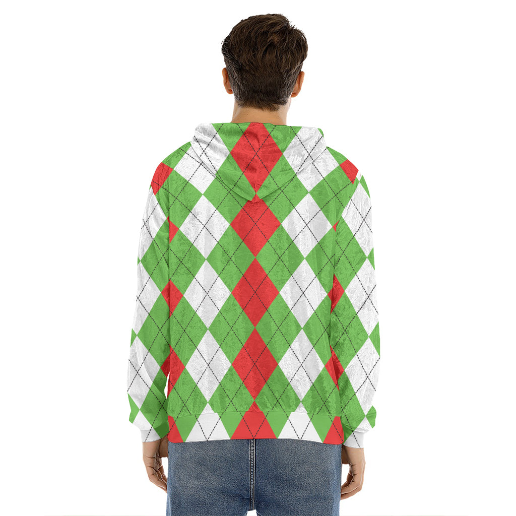 Red Green And White Argyle Pattern Print Men's Velvet Pullover Hoodie