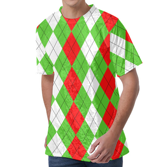 Red Green And White Argyle Pattern Print Men's Velvet T-Shirt