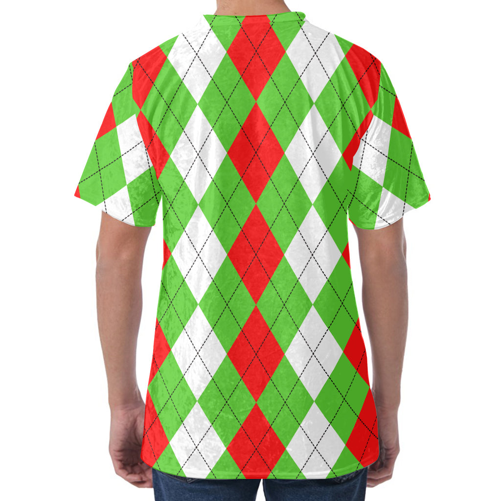 Red Green And White Argyle Pattern Print Men's Velvet T-Shirt
