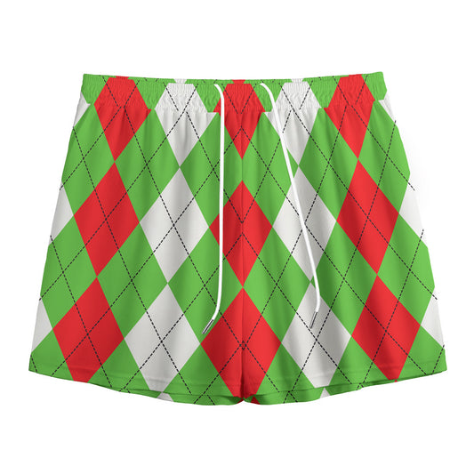 Red Green And White Argyle Pattern Print Mesh Shorts