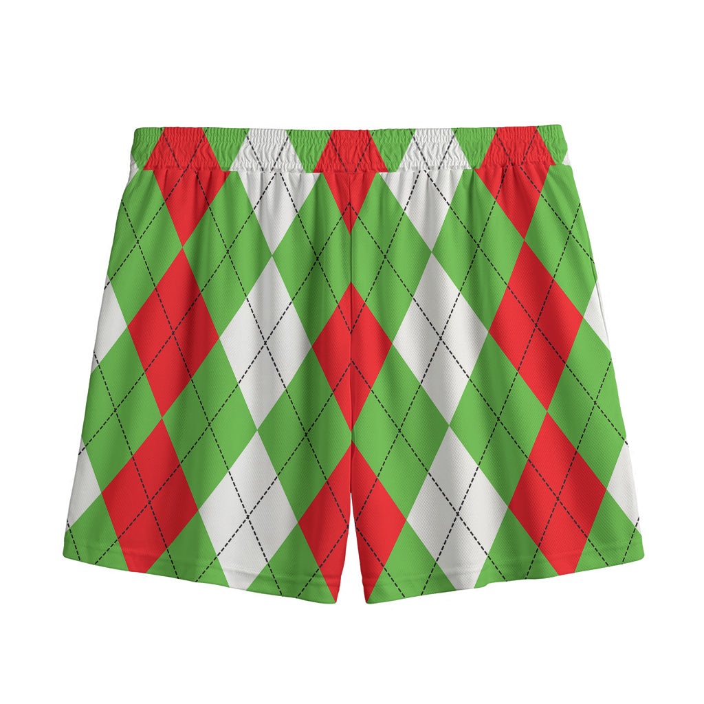 Red Green And White Argyle Pattern Print Mesh Shorts