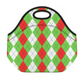 Red Green And White Argyle Pattern Print Neoprene Lunch Bag