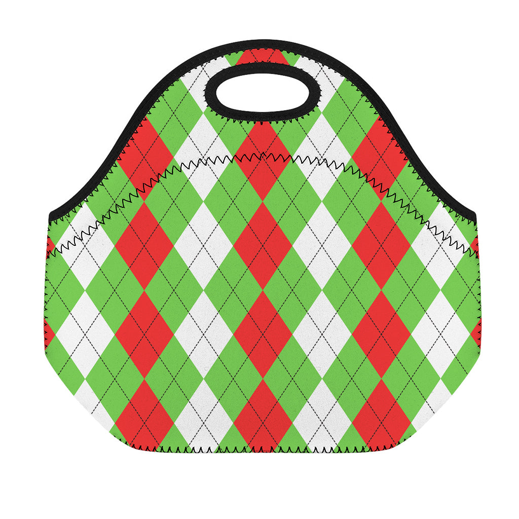 Red Green And White Argyle Pattern Print Neoprene Lunch Bag