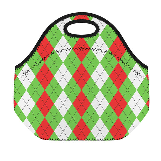Red Green And White Argyle Pattern Print Neoprene Lunch Bag