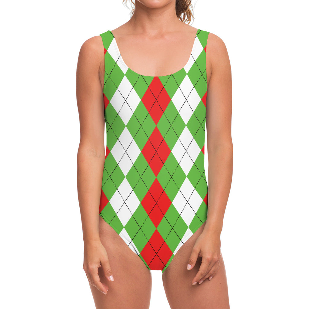 Red Green And White Argyle Pattern Print One Piece Swimsuit