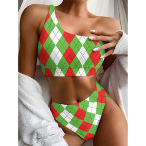 Red Green And White Argyle Pattern Print One Shoulder Bikini Top